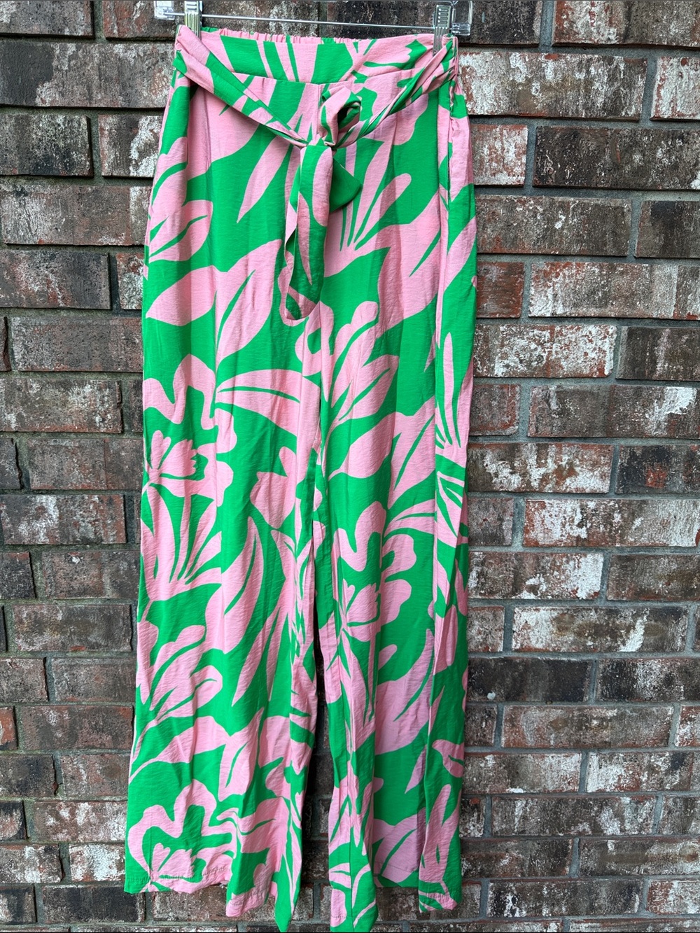 Wide Leg Tie-Waist Pants in Green & Pink Floral